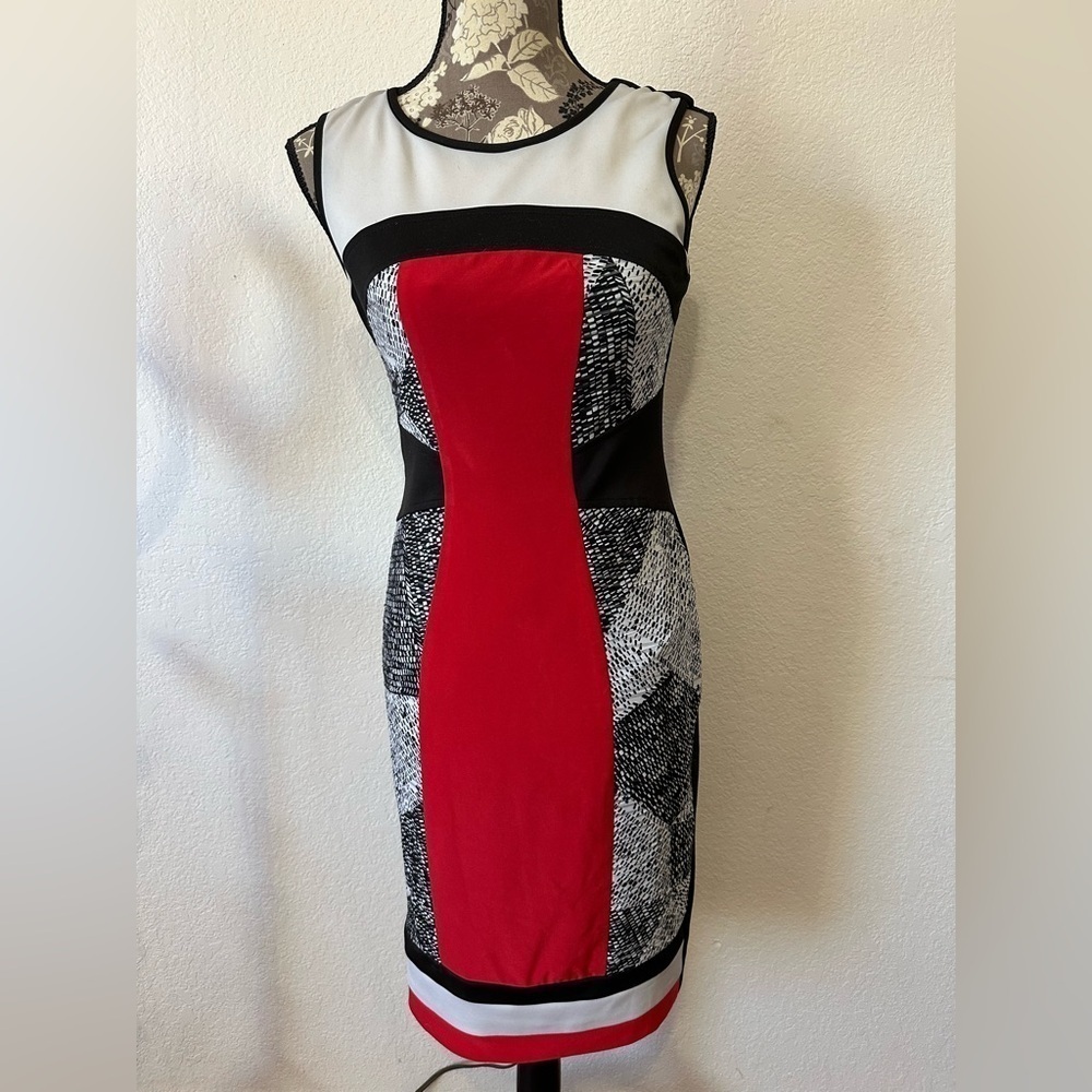 Frank Lyman Color block Contour Black Grey and Red Midi Dress - Size 2